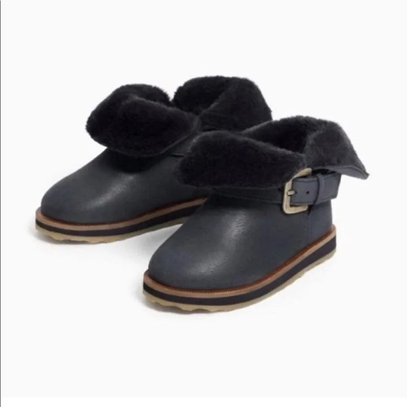Zara Leather Navy Fur Lined Boots with Buckle - Picture 1 of 6